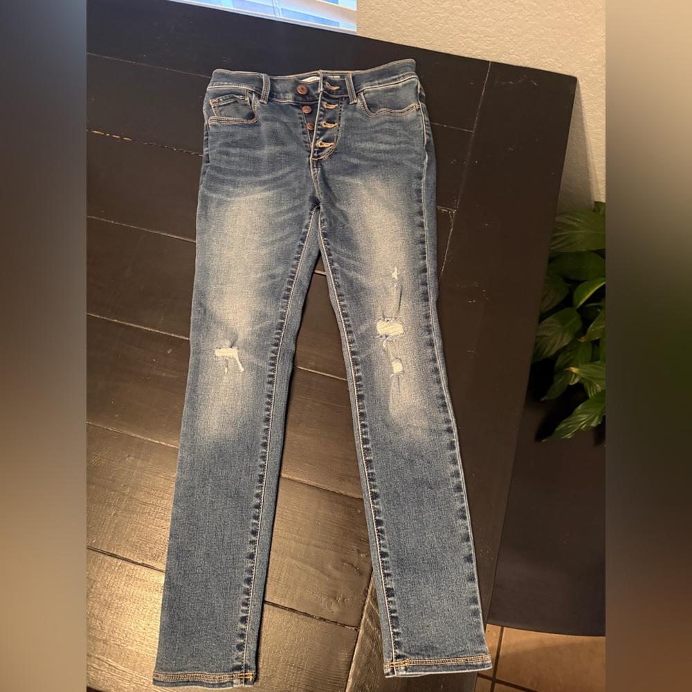 Old Navy Distressed Mid Blue Girls' Skinny Jeans with Button Fly